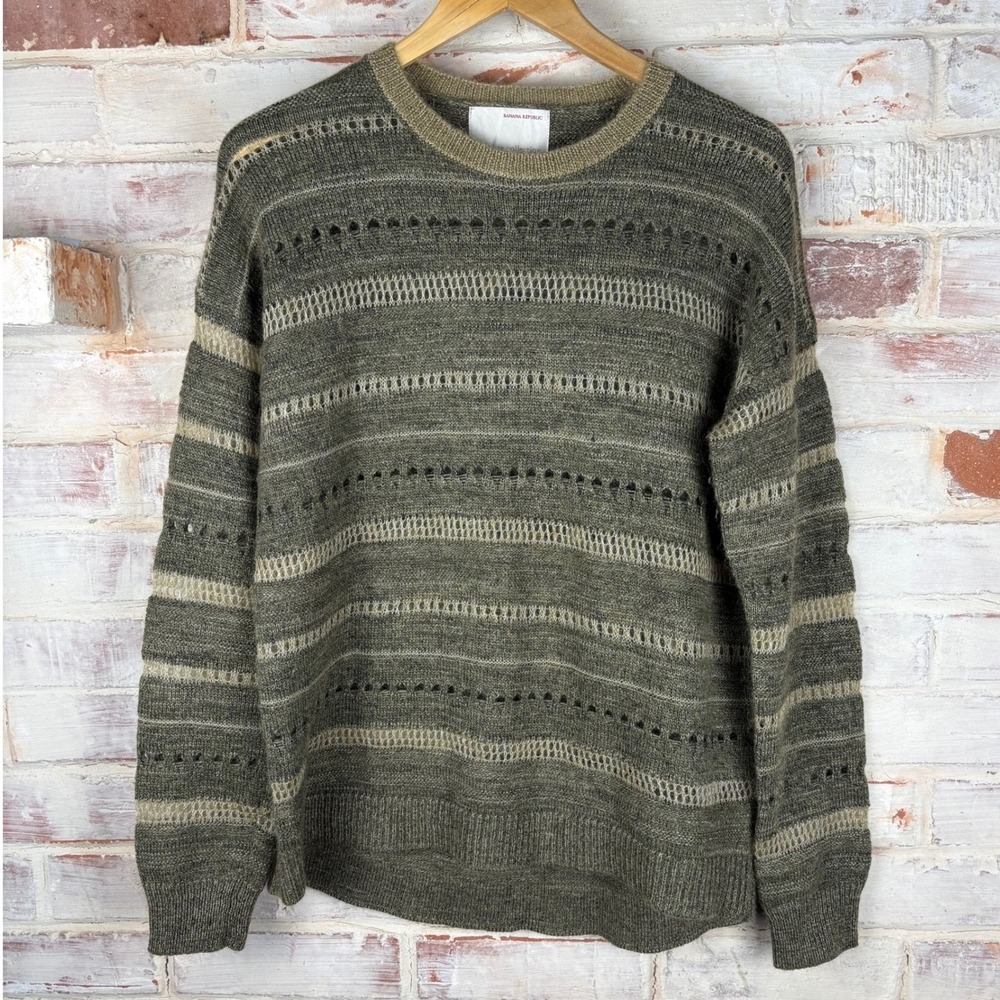Banana Republic Heritage Olive Stripe Cotton Mohair Eyelet Crew Sweater S